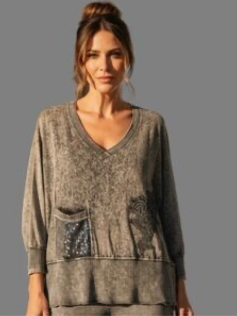 Fleur de Lis Collection Mineral-Wash Gray V-Neck Top